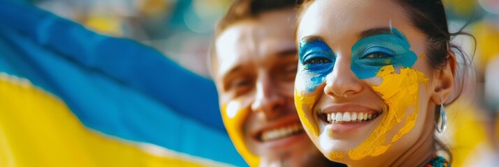 Ecstatic Fans Celebrating at Spirited Sports Event with Ukrainian Flag Face Paint