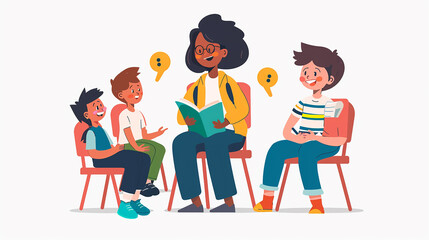 A white background with a cartoon illustration in the center featuring a teacher teaching three students who are sitting and not paying attention