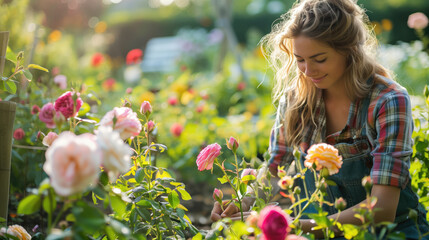 young woman in the garden working on her roses, cottage core summer time