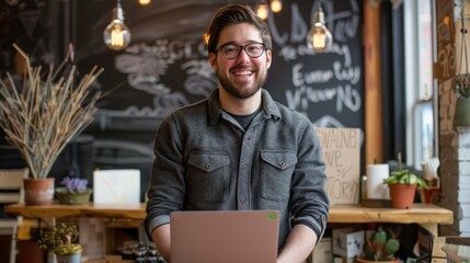 Fototapeta premium Portrait of a smiling young man using a laptop in a coffee shop