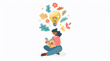 A white background with a person reading a book in the center. Above them, there is a person with a lightbulb symbolizing new ideas, illustrator cartoon style