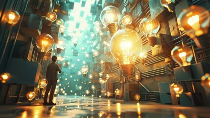 Businessman and light bulbs over abstract city background
