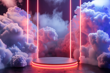 A empty podium on a high platform surrounded by dense, clouds and neon lights
