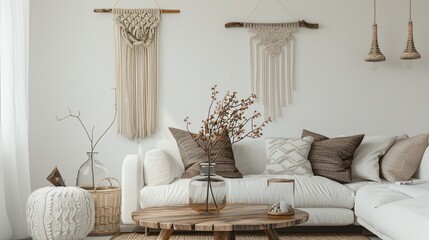 Scandinavian living room with macrame, hand-blown vase, and woven pillows blends modern and bohemian styles.
