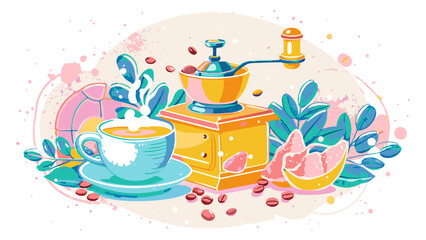 Colorful Illustration of Cozy Coffee Time with Grinder, Cup, and Beans