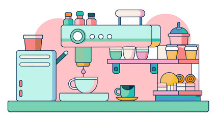 Modern Colorful Illustration of a Coffee Shop Interior with Equipment