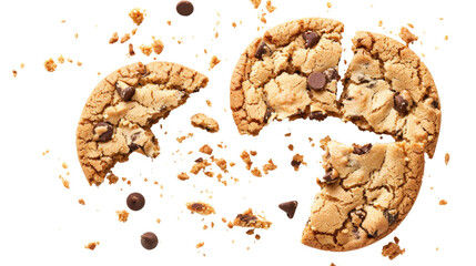 Broken chocolate chip cookie and crumbs cut out on white background, png transparent