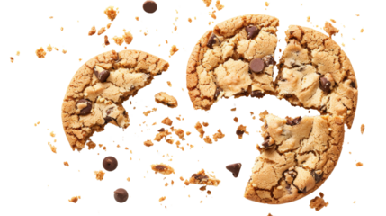 Broken chocolate chip cookie and crumbs cut out on white background, png transparent