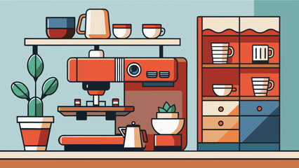 Modern Kitchen Interior with Espresso Machine and Shelves