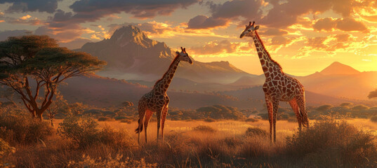 A beautiful african savannah with two giraffes standing in the foreground, mountains visible in background, warm sunset light - Powered by Adobe