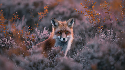 Naklejka premium A wildlife scene with a fox hiding among the heather in a heathland, captured in the soft light of dawn