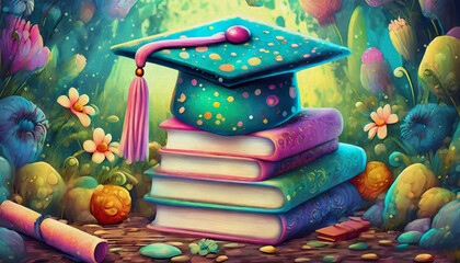 oil painting style cartoon illustration graduation cap and books, graduation, education, school, book, cap, hat, books