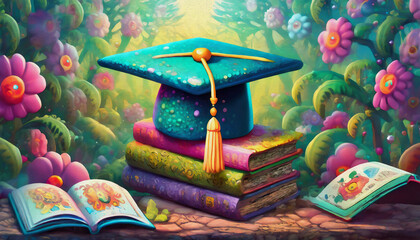 oil painting style cartoon illustration graduation cap and books, graduation, education, school, book, cap, hat, books