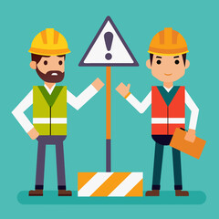 Construction worker with helmet vector illustration. There is no road, road builder or adjuster showing a road sign