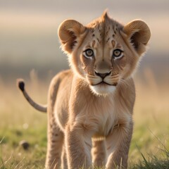 A young lion cub standing in a grassy field, with a blurred background