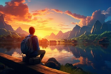 Obraz premium Traveler enjoys scenery. View tourist adventure tourism people. Generate Ai