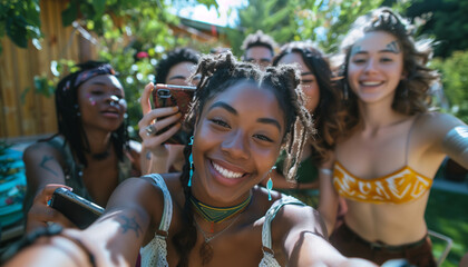 Fototapeta premium capturing a casual moment as friends gather in a backyard garden, taking selfies with playful poses and genuine smiles, enjoying a summer day, Multi ethnic, friendship, multicultur