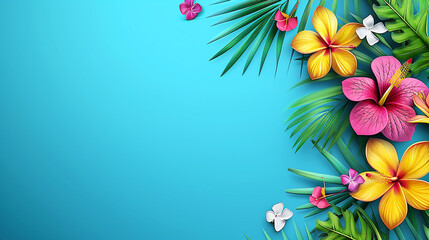 Beautiful pink and yellow hibiscus flowers and tropical palm leaves on a turquoise background. Summer floral backdrop with copy space. Banner, template, greeting card design.