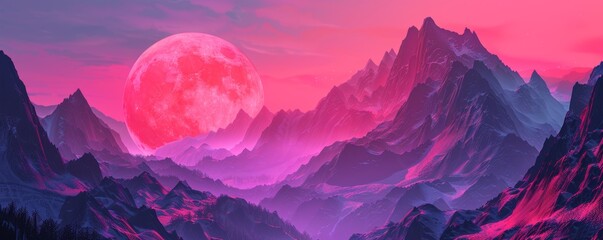 Crimson moonrise over mountainous landscape