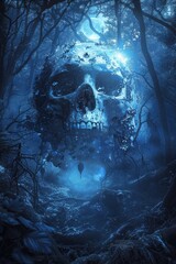 Mystical Skull in Enchanted Forest Under Moonlight
