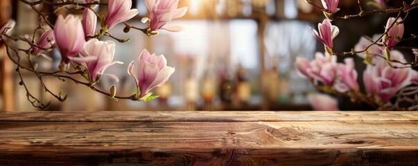 Rustic wooden table with blooming magnolia branches