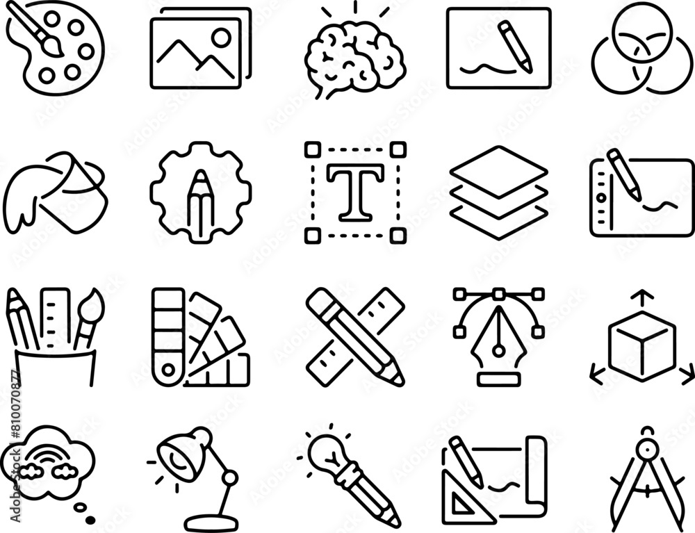 Poster pixel perfect icon set of creativity art graphic design science think thinking . thin line icons fla