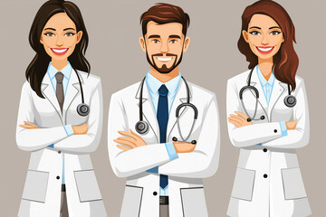 Two happy confident doctors, two men and a woman in white coats and with a stethoscope on a gray background. Banner design. International doctor's day concept.