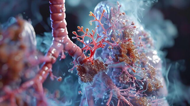 A detailed 3D model illustrating pneumonia in smokers lungs, revealing inflammation, mucus buildup, and compromised tissue to provide a comprehensive medical view