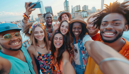 of multi-ethnic friends at a rooftop party in an urban setting, taking selfies against the backdrop of a city skyline, celebrating life and friendship, Multi ethnic, friendship, mu