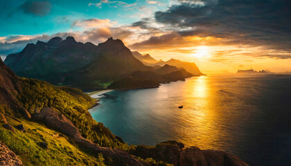 Mountains and sea,  sunset colors landscape