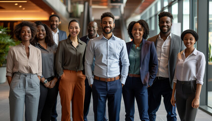 of a diverse team standing in a lobby of a modern office building, all smiling broadly, portraying openness and welcome, Diverse team, businesspeople, multicultural people, with co