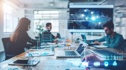 Colleagues are sitting in the office at a meeting. A team of office workers with laptops are sitting at a conference table with a modern digital panel on the wall. Business, marketing concept.