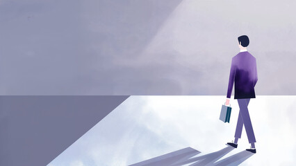 Businessman walking towards the unknown facing change and uncertainty in minimalist purple setting with empty copy space
