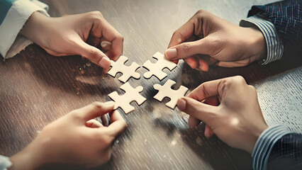 Four pairs of hands collect puzzles, close-up. Men and women assemble a picture from cardboard puzzles. Concept: mutual assistance, cooperation, common cause