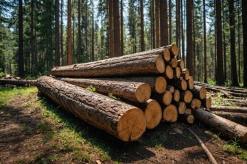 A pile of neatly stacked logs next to a freshly cut tree, highlighting the aftermath of logging activity