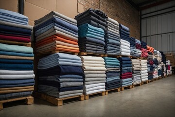 A corner of the warehouse with neatly folded stacks of clothing or linens