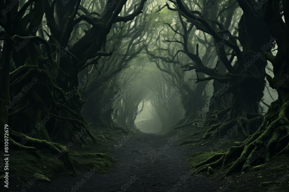 Poster tranquil and mysterious foggy forest path with ancient and twisted moss-covered trees creating an et