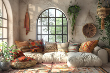 Boho style living room interior design With a corner sofa filled with colorful patterned pillows and a large arched window.