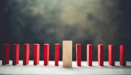 red wooden block halts cascading domino effect, concept of disruption and uniqueness