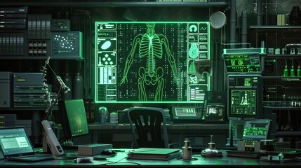 Fototapeta premium A conceptual medical lab, illuminated by green code, where an Xray of the intestines is the focal point of advanced diagnostic studies