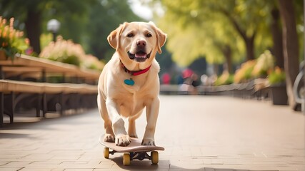 Adorable labrador dog skating in a summer parkge and the beauty of natural patterns.