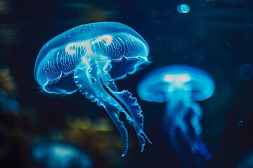 Naklejka premium Bioluminescent blue jellyfish in the deep dark ocean waters. 