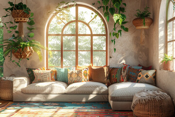 Boho style living room interior design With a corner sofa filled with colorful patterned pillows and a large arched window.
