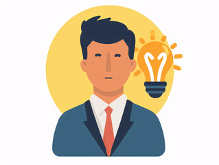 Illustration of a man with glasses stands in front of a light bulb with a smile on his face.