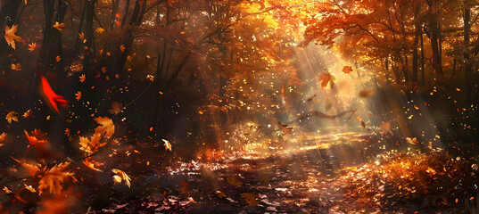 Fototapeta premium An autumnal scene in a deciduous forest with a mix of golden, orange, and red leaves falling gently to the forest floor, a narrow path meandering through
