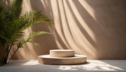 Minimalistic beige background with podium for product presentation, emphasizing elegance and professionalism