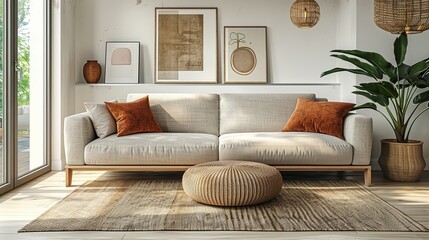 Modern living room with a minimalist beige sofa, abstract wall art, wicker accents, and lush indoor plants in a bright, airy space                                                                      