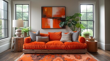 Fototapeta premium Vibrant living room with an orange sofa, large windows, abstract painting, and lush green plants, creating a warm and inviting atmosphere