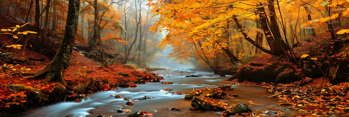 An autumnal scene with a brook winding through a forest filled with golden yellow and fiery red leaves, a slight mist rising from the water