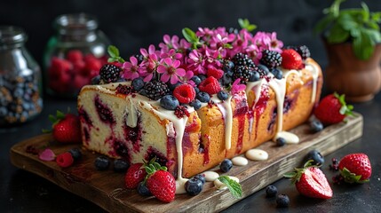   A cutting board with a cake adorned with berries, almonds, and raspberries alongside a potted...